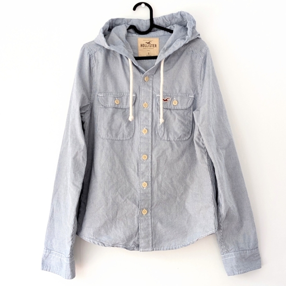 Hollister Men's Blue And White Stripes Hooded Shacket ~ Size Small - Picture 2 of 10